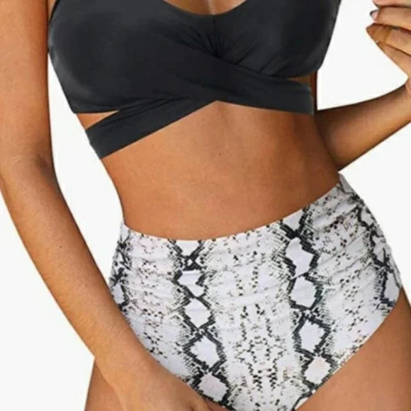 NIP Bikini Sz L Animal Print High Waist Bottoms, Padded Black Strappy Top - Picture 5 of 7